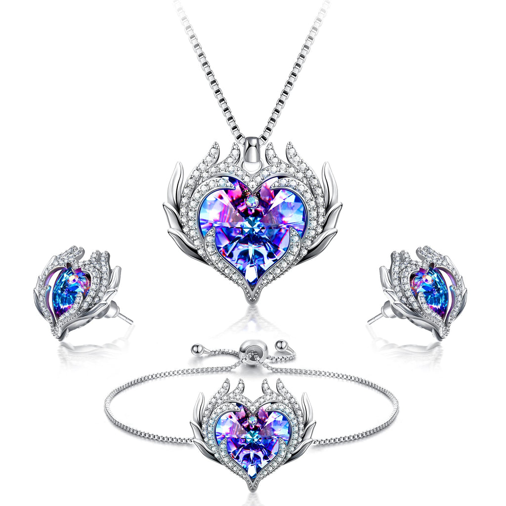 [Australia] - Angel Wing Heart Necklaces Earrings Bracelet Jewelry Set for Women Mom Wife Birthday Anniversary Valentine's Day Purple 
