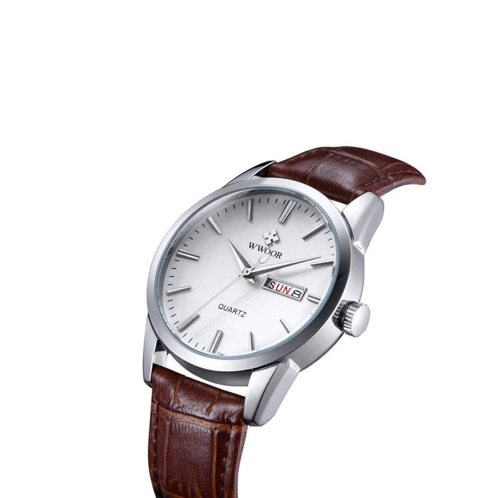 [Australia] - DAUERHAFT 2Colors WWoor Men PU Leather Strap Quartz Watch Wristwatch,30m Waterproof,Wear-Resistant, Fashionable,Business(Silver Case Brown Strap) 