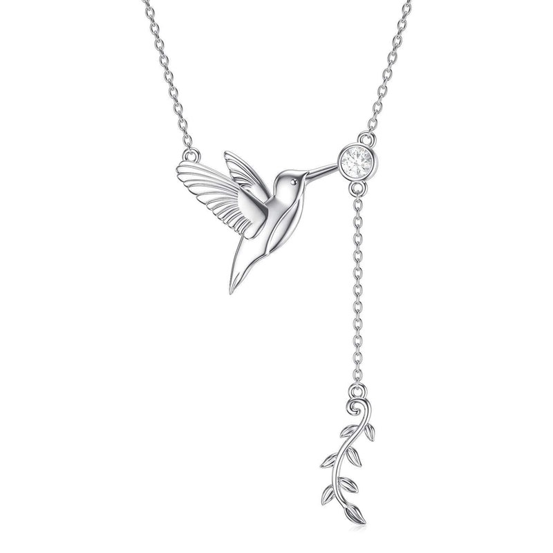 [Australia] - Hummingbirds Y Necklace 925 Sterling Silver Leaf Pendant Nature Theme Bird Jewerllry Gift for Women 