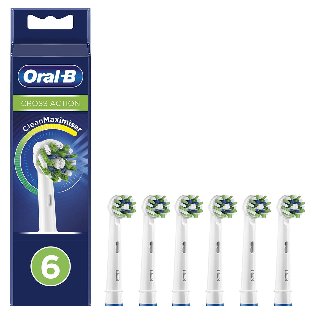 [Australia] - Oral-B Cross Action Electric Toothbrush Head with CleanMaximiser Technology, Angled Bristles for Deeper Plaque Removal, Pack of 6, White 6 Pack single 