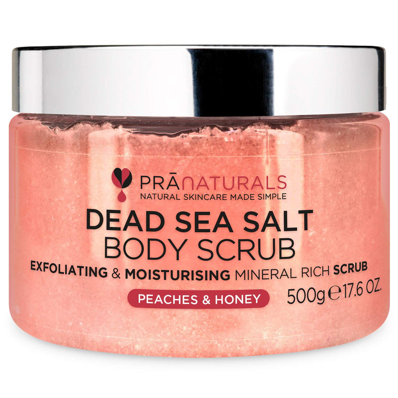 [Australia] - PraNaturals Dead Sea Salt with Peach & Honey Body Scrub 500G ‚Äì Hydrating & Moisturising, With natural oils & minerals, Softening & nourishing, Sweet fruity fragrance, No Parabens, Vegan & Cruelty Free 