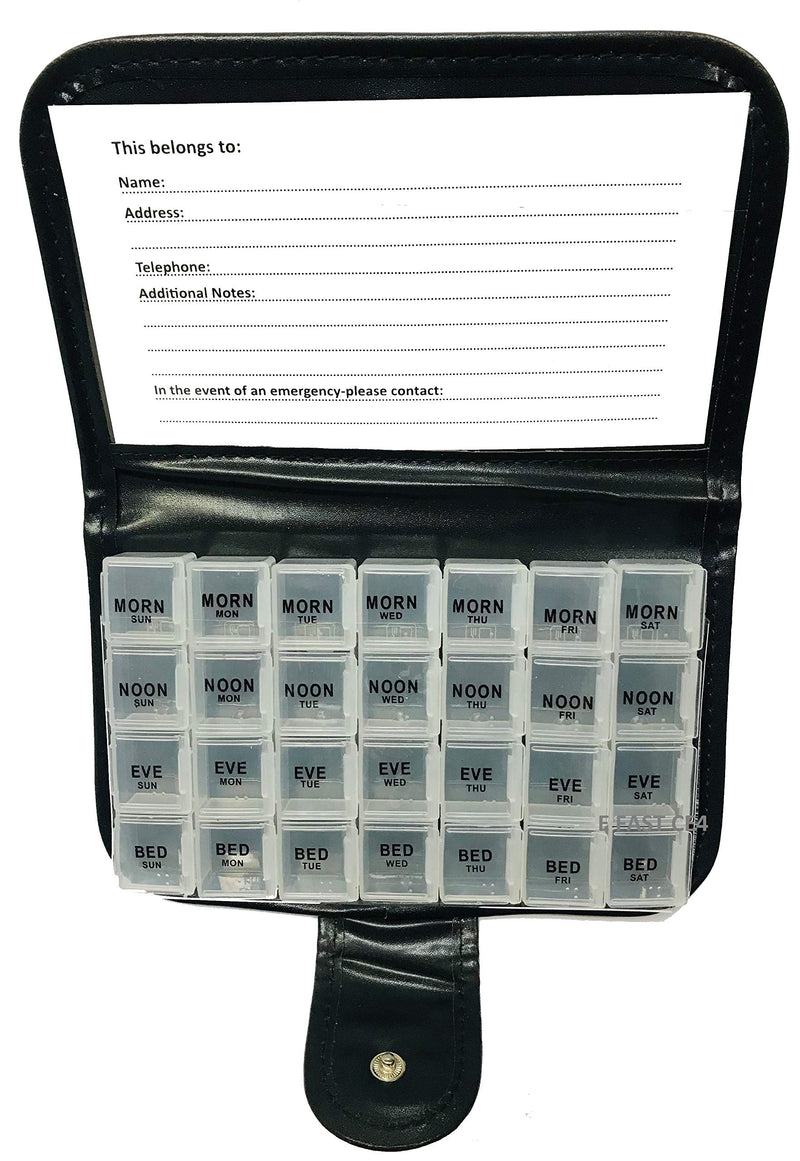 [Australia] - 7 Days AM / NOON / Evening / Bedtime Pill Organiser Medicine Wallet Tablet Storage Holder with 28 Compartments in Leather Cover 