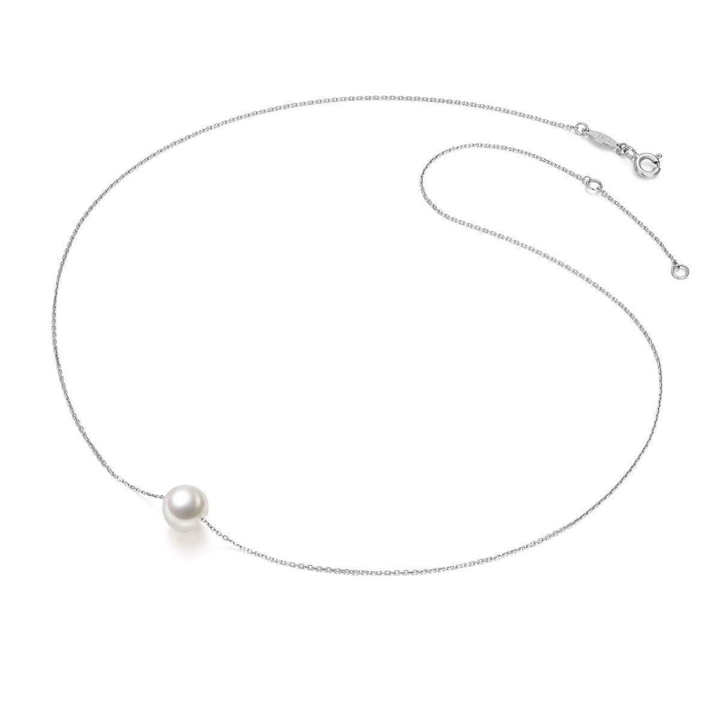 [Australia] - Pearl Necklace Simple Classic Necklace Silver Floating Single Pearl Pendant 8-9mm White Gold Plated Chain Jewelry for Women Girls Bridesmaids Gifts for Her 