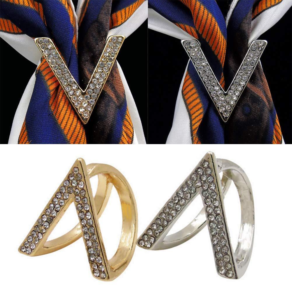 [Australia] - 2Pcs Rhinestone Inlaid Silk Scarf Ring V Shape Fashion Scarves Buckle Scarf Wrap Holder Clamp Silk Scarf Clasp Clips for Clothing Neckerchief Shawl (Golden + Silver) 