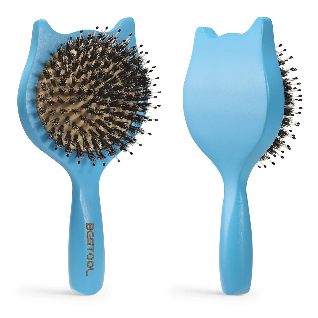 [Australia] - Hair Brush, BESTOOL Small Travel Hair Brushes for Women, Men or Kids, Wooden Toddler Boar Bristle Hair Brush for Detangling, Defrizz, Distribute Oil (Blue) Blue 