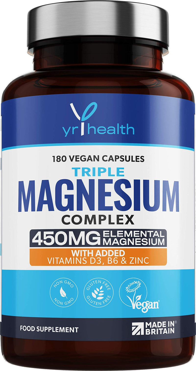 [Australia] - Vegan Magnesium Supplements with Zinc, 180 Capsules, Triple Magnesium Complex Supplement Plus Vitamin D, B6 & Copper, Vegan Society Registered, Made in The UK by YrHealth 
