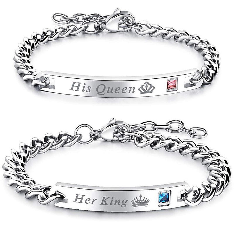 [Australia] - Gleamart His Queen Her King Bangles Valentine's Day Engraved Couple Bracelet Set Gift for Women Men Queen With King 