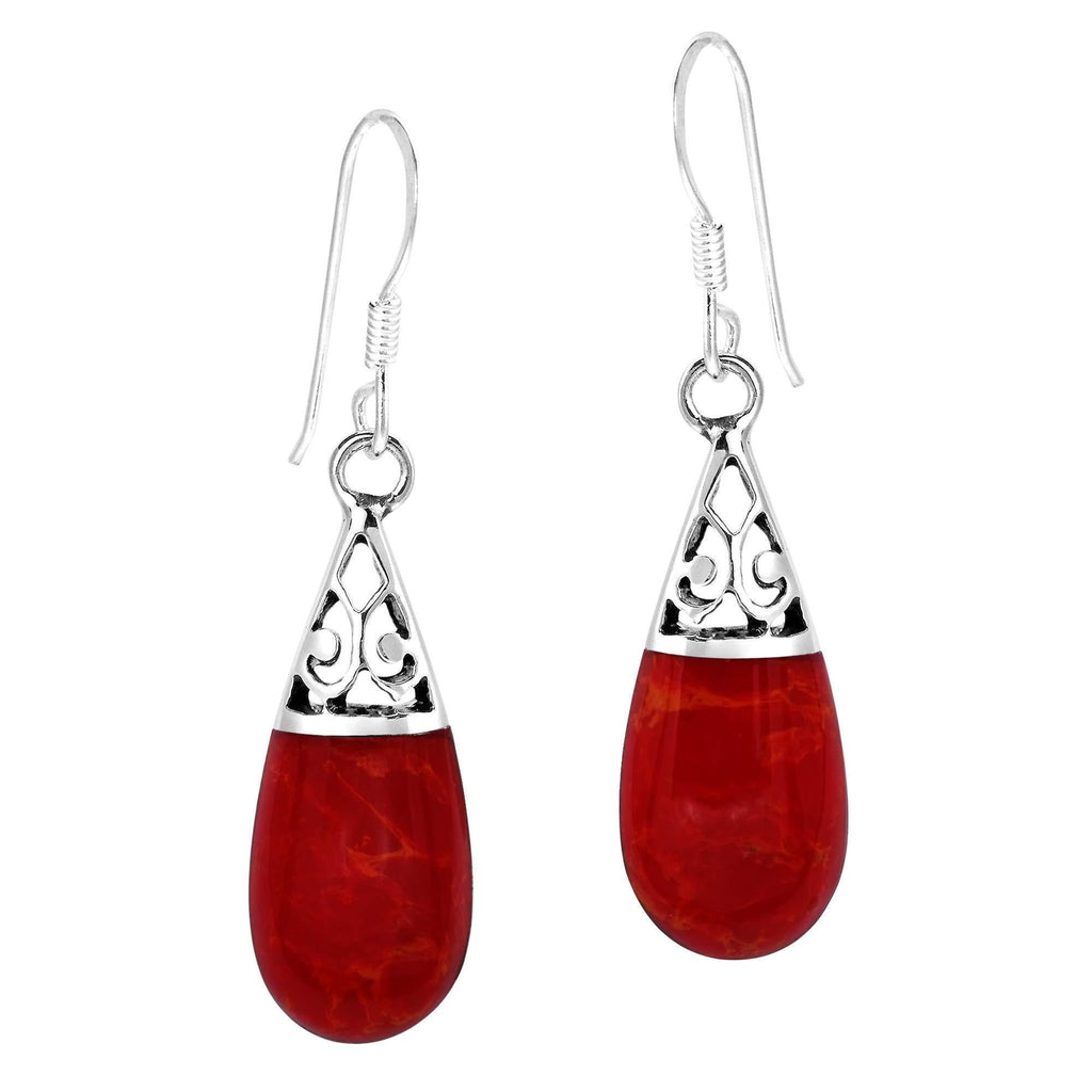 [Australia] - Filigree Swirl Teardrop Reconstructed Red Coral Inlay .925 Sterling Silver Dangle Earrings 