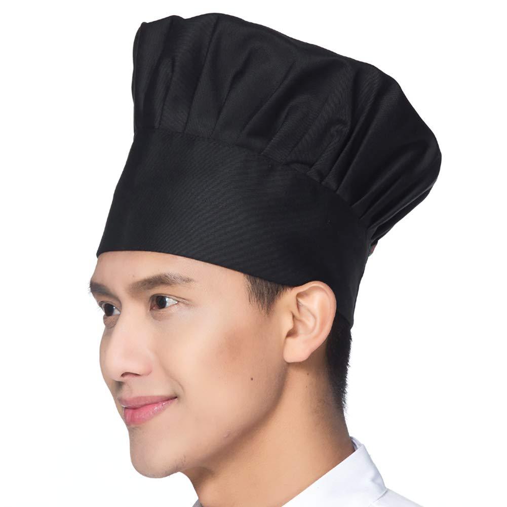 [Australia] - XINCHIA Unisex Chef Hat Adjustable Elastic Kitchen Chef Cap for Women and Men Breathable Cotton Baker Cooking Chef Hat Elastic Band Round-Top Cozy Baking Hat for Adults House Hotel Restaurant Use Black 