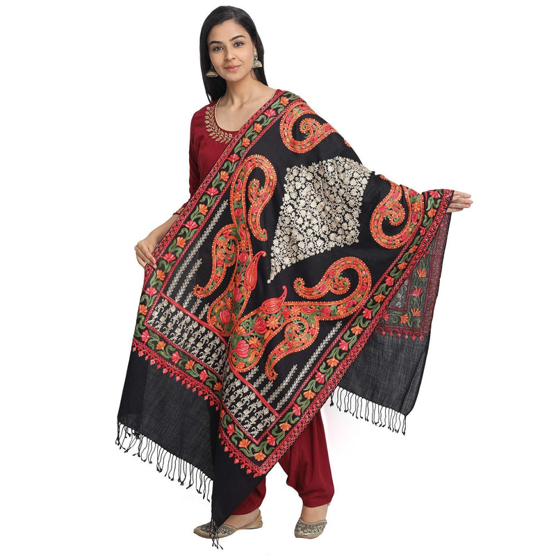 [Australia] - Kashmir Women Stole Shawl Scarf Wrap with Indian Embroidery Flower Black 