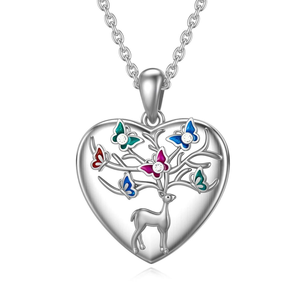 [Australia] - Heart Locket Necklace, Silver Photo Lockets for Women, Forever in My Heart 925 Sterling Silver Butterfly Photo Pendant Necklace with Deer and Austrian Crystal "Mr. Deer and Mrs. Butterfly" (silver) 