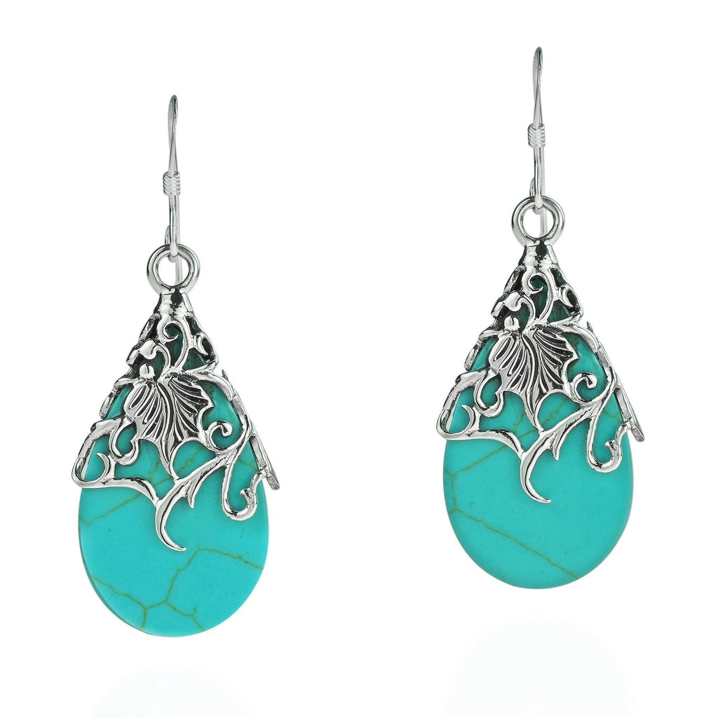 [Australia] - Floral Vine Ornate Teardrop Simulated Turquoise .925 Sterling Silver Dangle Earrings 