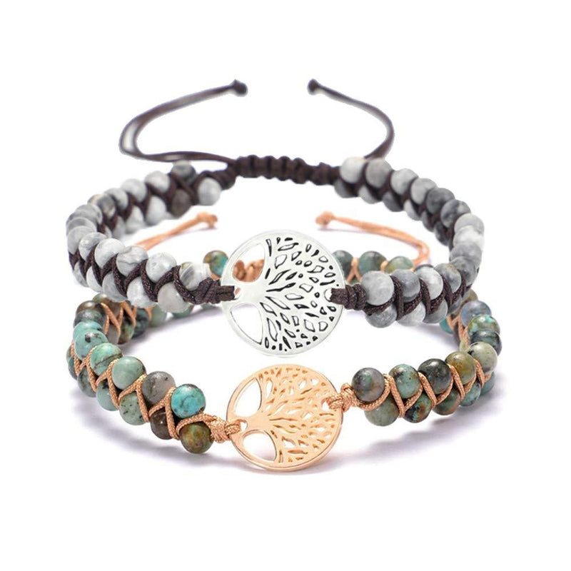 [Australia] - Tree Of Life Yoga Bracelet - GOODCHANCEUK 2Pcs Handmade Natural Stone Bracelet African Turquoise Braided Women Friendship Bracelet With Gift Box 
