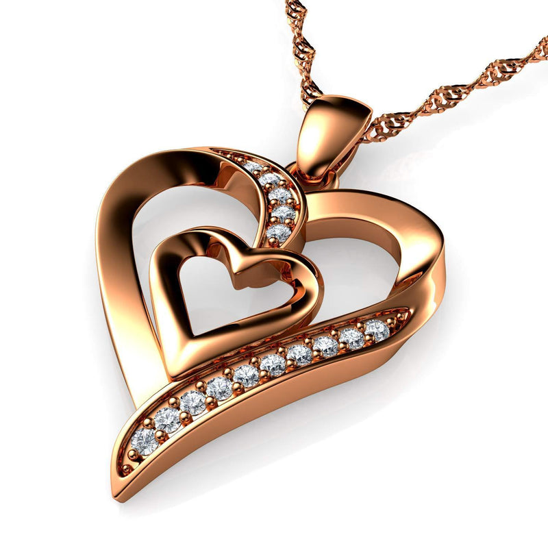 [Australia] - DEPHINI - Heart Necklace - Rose Gold 925 Sterling Silver - Double Love Pendant with CZ Crystals - Woman Jewellery - 18'' Rhodium Plated Silver Chain 