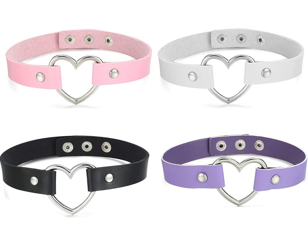 [Australia] - LOLIAS 4Pcs Women's PU Hearts Leather Gothic Love Choker Necklace Set Punk Clavicle Black Leather Choker Sexy Necklace Rock Belt Love Heart Choker Collar Choker Cosplayer 