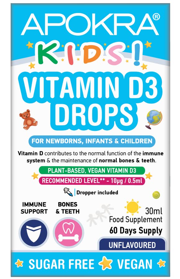 [Australia] - Vitamin D Drops Baby & Kids - Vegan - 60 Days Supply � 30mL � Preservative Free and Sugar Free Kids Vitamins - VIT D 400IU in MCT Oil - 10 micrograms per 0.5mL | APOKRA Kids 