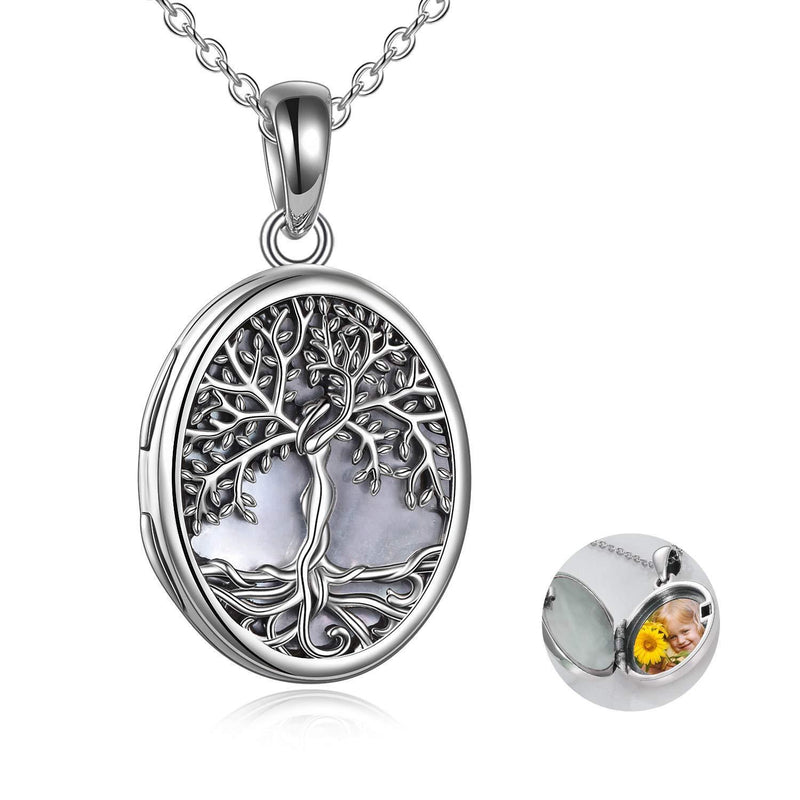 [Australia] - YAFEINI Tree of Life Locket Necklace 925 Sterling Silver Family Tree of Life Abalone/Mother of Pearl Locket Necklace that Holds Pictures for Women Jewelry White mother of pearl locket 