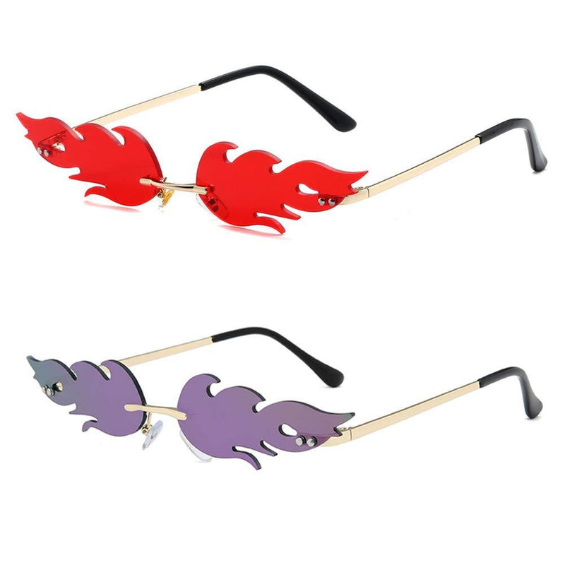 [Australia] - Grainas Fire Flame Sunglasses Mirrored Rimless with Metal Frame Glasses for Women Men Purple + Red 