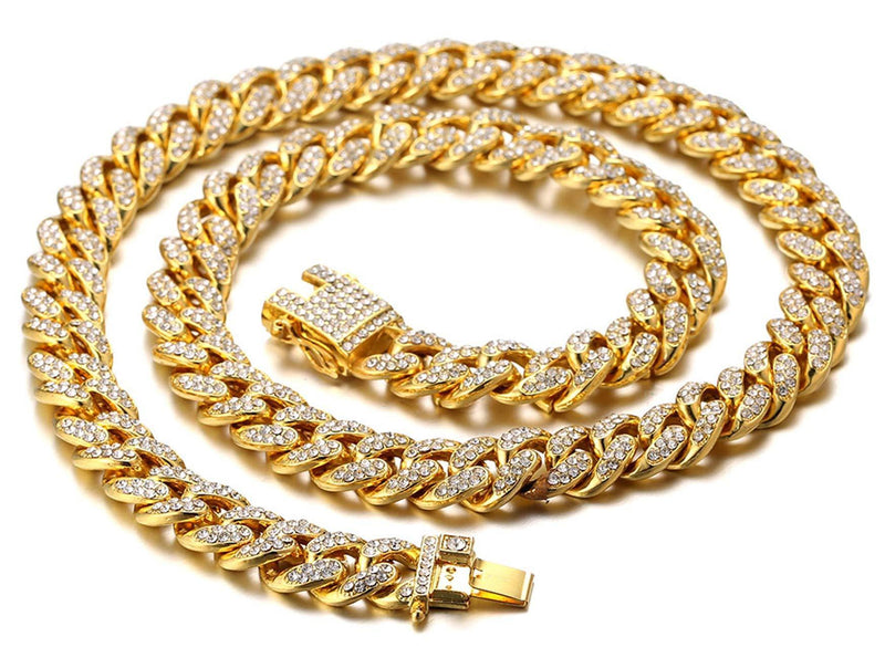 [Australia] - HALUKAKAH Diamond Cuban Link Chain for Women Girl 13.5MM 18k Real Gold Plated/Platinum White Gold Finish Iced Out Choker Necklace Bracelet,Full Cz Diamond Cut Prong Set,with Giftbox Gold Plated Necklace 45.0 Centimetres 