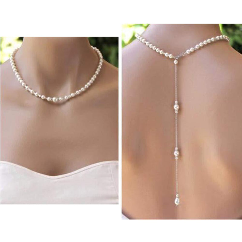 [Australia] - 1PCS Bridal Pearl Necklace Back Chain Exquisite Imitation Pearls Sexy Tassel Backdrop Necklace Long Body Chain Pendant Backless Dress Accessories Body Decoration for Women Girls Wedding Prom Party 