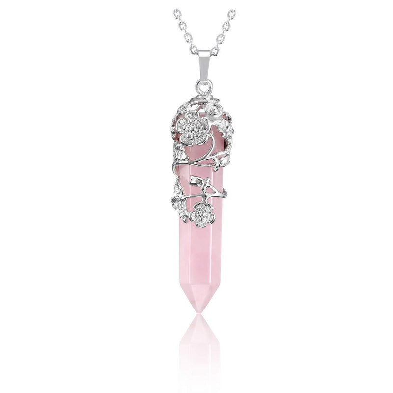 [Australia] - JOVIVI Rose Quartz Healing Crystal Point Pendant Necklace for Women, Silver Flower Wrapped Pink Hexagonal Energy Healing Chakra Stone Necklace Gemstone Balancing Jewellery Gifts Rose Quartz Crystal 