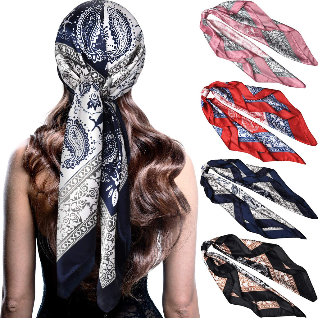 [Australia] - 4 Pieces 35 Inch Satin Head Scarves Large Square Silk Feeling Satin Head Scarf Boho Hair Bandanas Head Scarves for Women Chic Pattern 