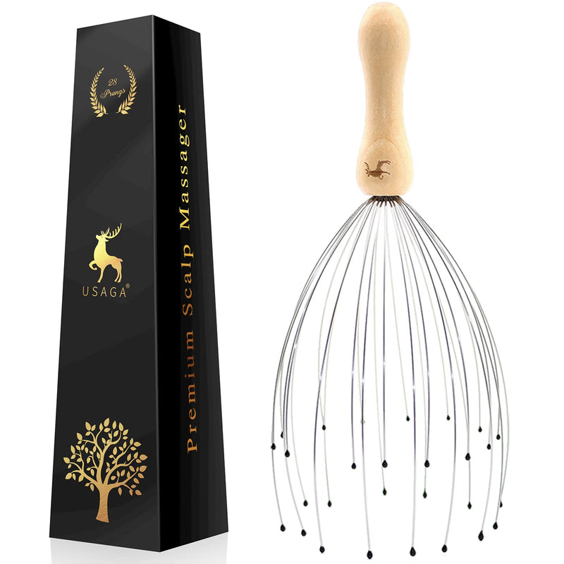 [Australia] - USAGA 28 Finger Head Scratcher, Head Massager, Scalp Massager, Head Whisk Massager for Head Hair Body Massage and Stress Relax, Wire Massager Wood Handle (1 Pack) 1 