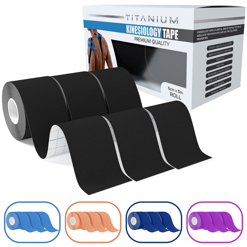 [Australia] - Titanium Sports Kinesiology Tape (3pack) - 5m Roll of Elastic Water Resistant Tape for Support & Muscle Recovery - Quality Sports Tape (Black) Black 