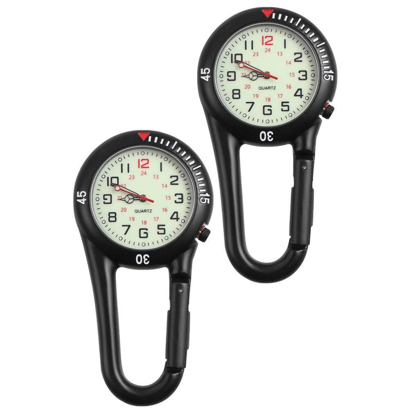 [Australia] - BESPORTBLE 2pcs Black Clip On Carabiner Luminous Face Fob Watch Digital Clip-on Quartz Watch Glow in The Dark Metal Fob Watch Black Dial Doctor Nurse Unisex Men Women 