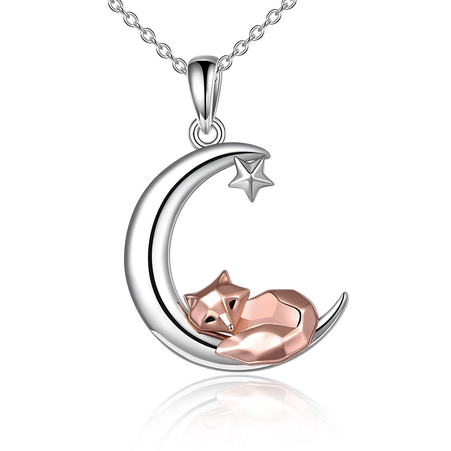 Fox Necklace Sterling Silver Cute Origami Fox Moon Pendant Jewelry