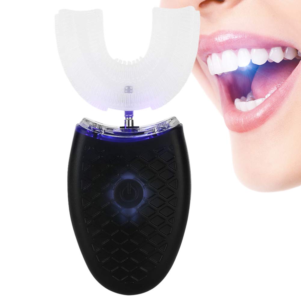 [Australia] - Adult U Shaped Electric Toothbrush, Automatic Tooth Cleaning Whitening Vibration Brush for Oral Care, 360 ° Mouth Cleaner Tool(Black) Black 