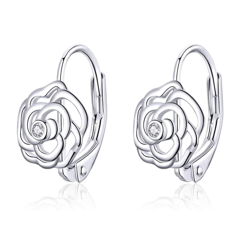 [Australia] - Qings Sparkling Rose Flower Hoop Earrings 925 Sterling Silver Love Tiny Inlaid Cubic Zirconia as Gift for Women and Girls 