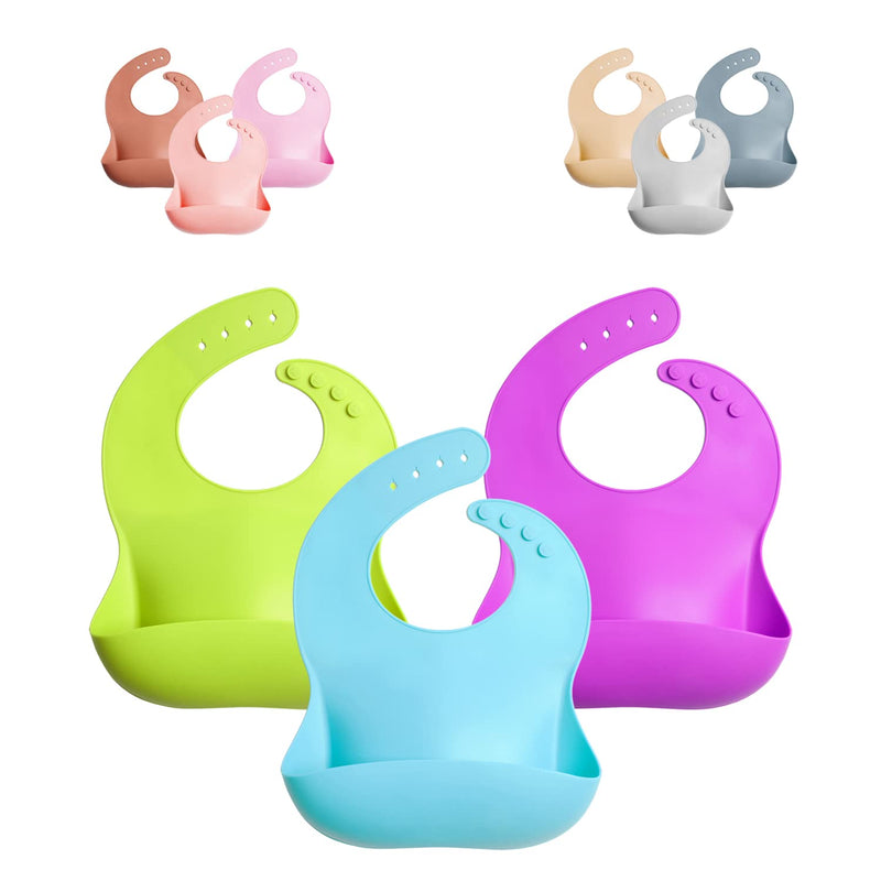 [Australia] - GODR7OY Bibs Baby Bibs, Soft and Foldable Weaning Bibs, Light Adjustable Bib with Wide Food Crumb Catcher Pocket, 3PCS Silicone Bibs for Babies M Grenn, Blue & Pink 