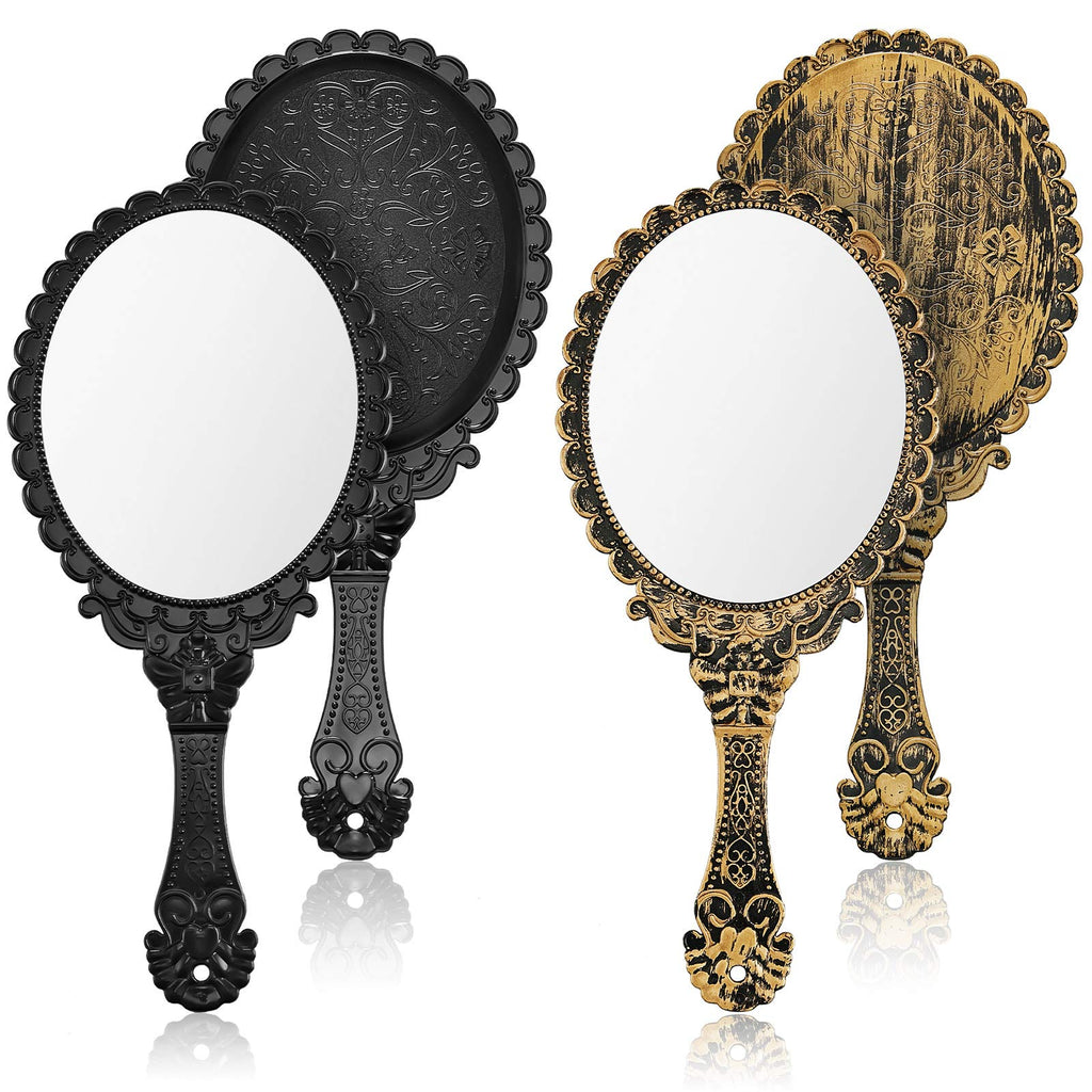 [Australia] - 2 Pieces Vintage Handheld Mirror Portable Embossed Flower Mirror Hand Held Decorative Mirrors Compact Mirror with Handle for Face Makeup Travel Personal Cosmetic Salon Mirror (Black, Bronze) 