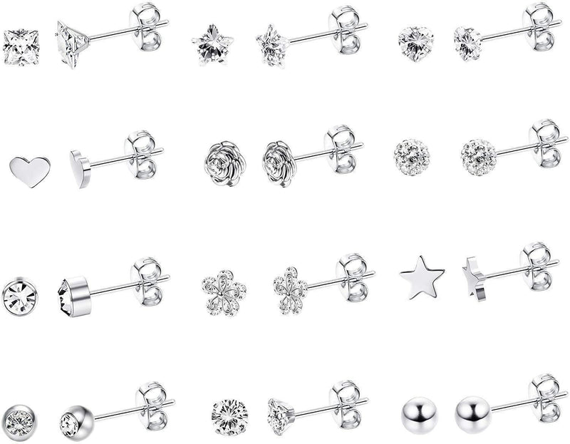 [Australia] - Milacolato 12 Pairs Earrings for Women Studs Set Dainty Surgical Steel Earrings Small CZ Flower Heart Star Ball Tragus Cartilage Earrings for Women Sliver Tone 