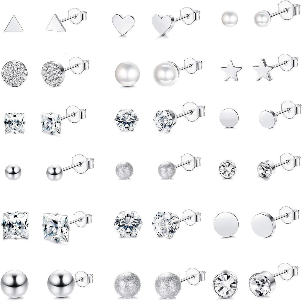 [Australia] - Milacolato 18Pairs Surgical Steel Stud Earrings Set for Women Men Crystal Pearl Ball Heart Cartilage Stud Ear Piercing Set Ear Stud Jewelry Sliver Tone 