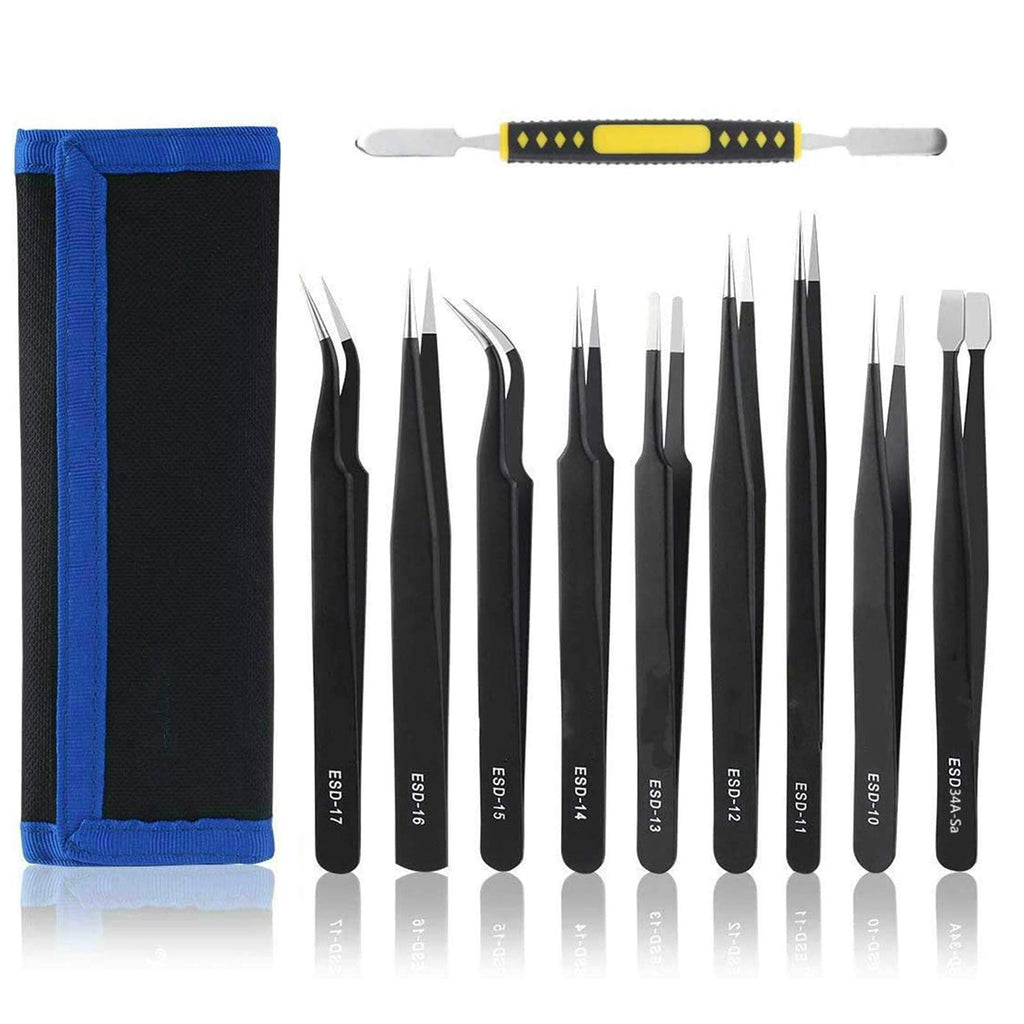 [Australia] - VEGCOO Tweezers Kit, 10 Pieces Precision Anti-Static Tweezers Set, Stainless Steel Tweezers for Electronics, Craft, Jewellery, Laboratory and Detailed Work 