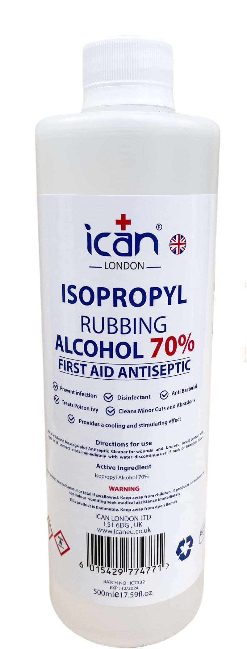 [Australia] - ican london isopropyl rubbing Alcohol 70% First aid Antiseptic 500ml 500 ml (Pack of 1) 