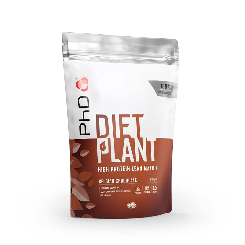 [Australia] - PhD Diet Plant, low sugar Vegan Protein Powder - Belgian Chocolate Flavour - 500g, 20 Servings - 100% recyclable packaging- vegan society approved with added probiotics 