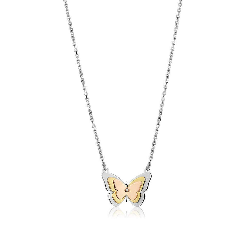 [Australia] - Vanbelle Sterling Silver Three Tone Jewelry Butterfly Pendant Necklace with Rhodium and Gold & Rose Gold Plated for Women and Girls 