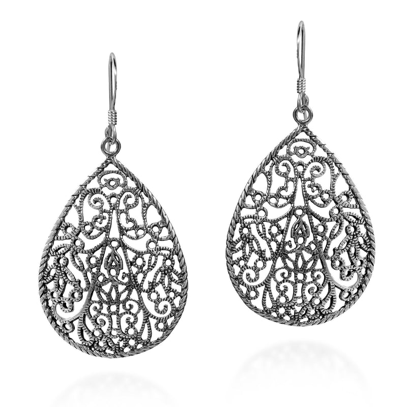 [Australia] - Vintage Inspiration Filigree Textured Teardrop .925 Sterling Silver Dangle Earrings 