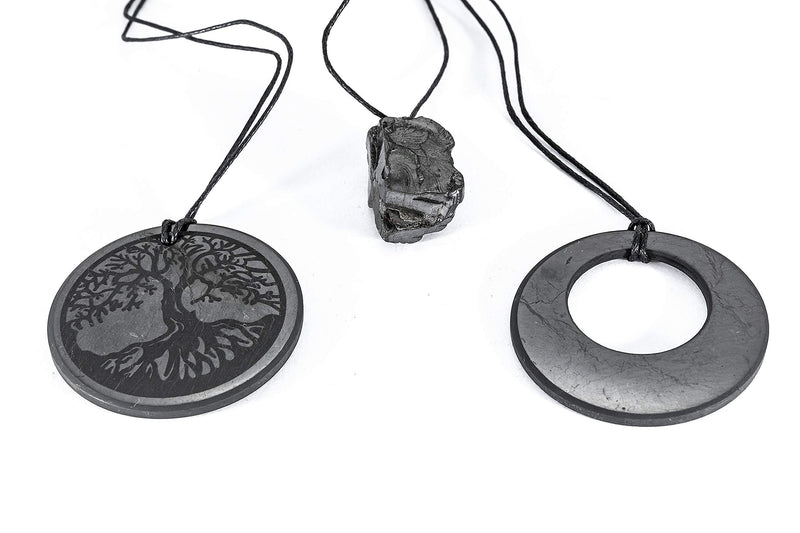 [Australia] - SN NATURSTEIN UG - Shungite Set of 3 Pendants"Tree of Life","Circle in a Circle","Precious Crystal 6-9g" 50 mm | Gem Stone from Karelia 
