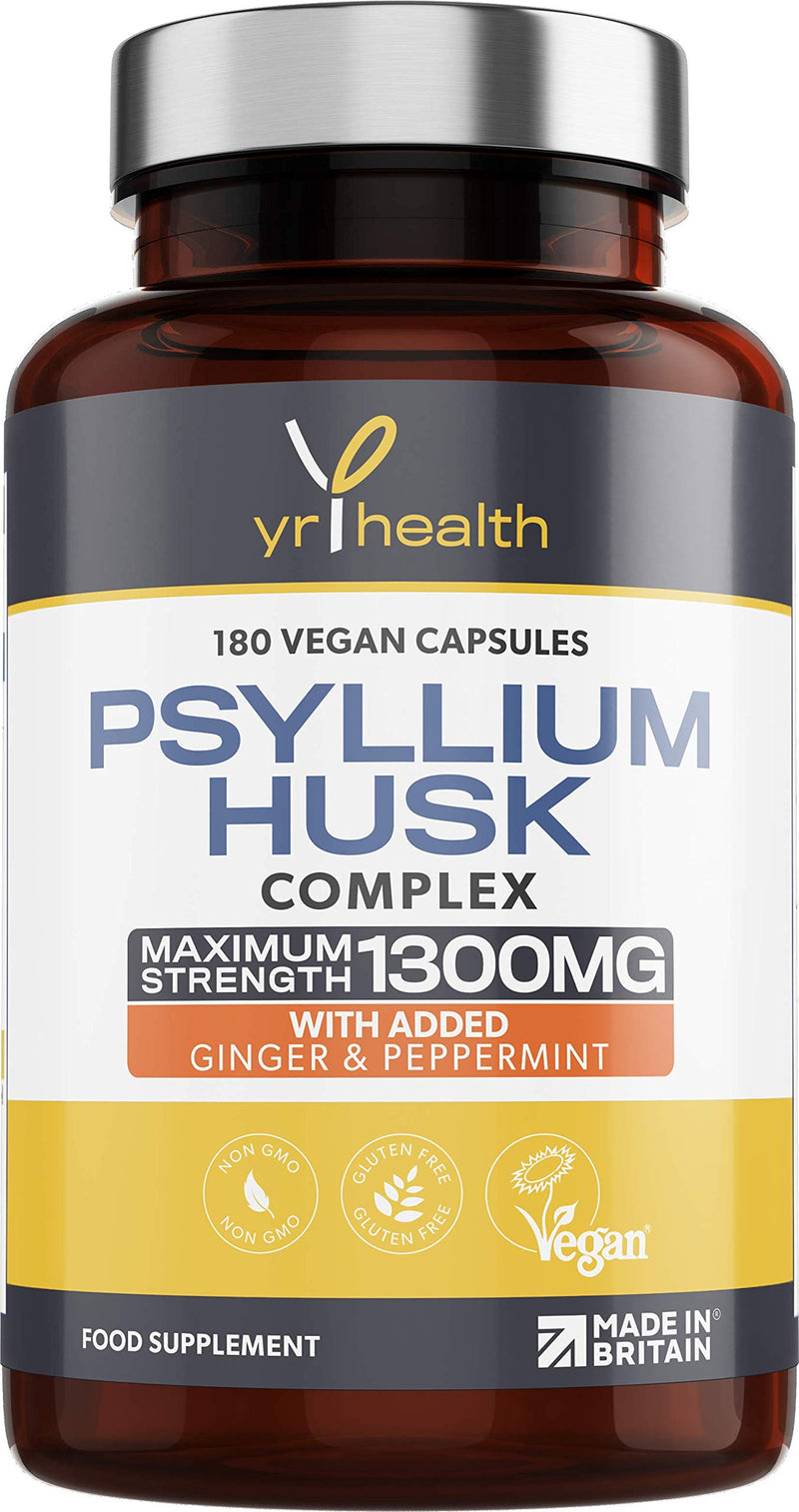 [Australia] - Psyllium Husks Capsules - 1300mg Fibre Supplement - 180 Vegan Capsules with Added Peppermint & Ginger - 2 Capsules not Tablets Per Serving - Plantago Ovata Plant Seeds - Made in The UK by YrHealth 