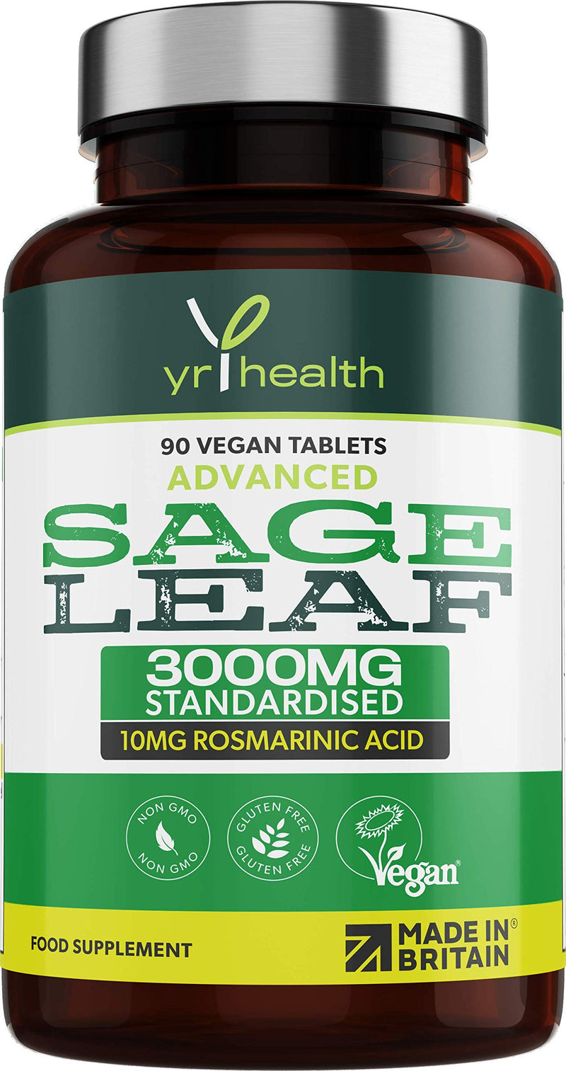 [Australia] - Sage Tablets 3000mg High Strength for Hot Flushes, Night Sweats and Menopause Symptoms - 90 Vegan Tablets not Capsules - Standardised 10mg Rosmarinic Acid - Made in The UK by YrHealth 