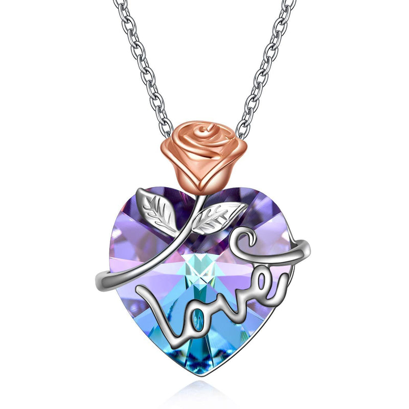[Australia] - AOBOCO Rose Flower Crystal Pendant Necklace for Women, Sterling Silver Romantic Love Jewellery Gifts 2-Purple 