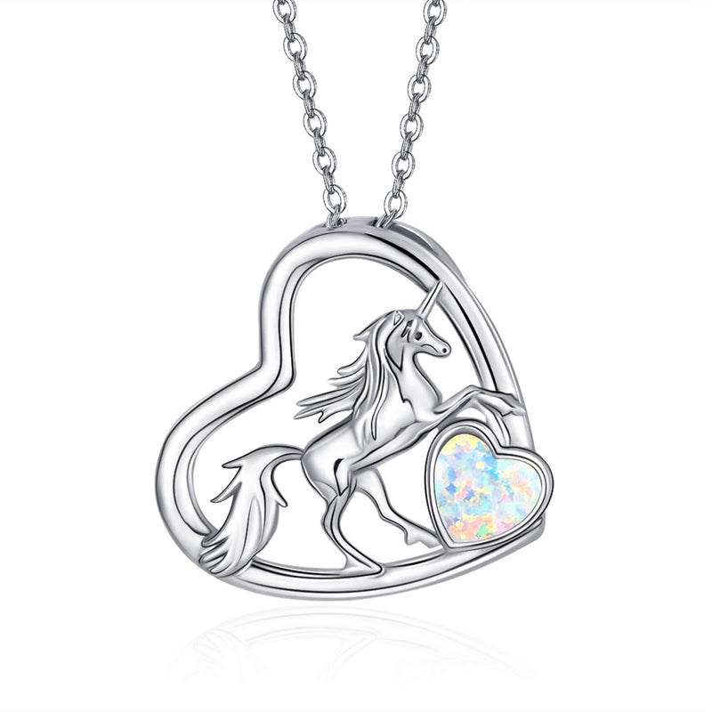 [Australia] - TANGPOET Unicorn Necklace 925 Sterling Silver Heart Opal Necklace White Gold Plated Pendant Necklace for Women Girls Ladies Mother … … 