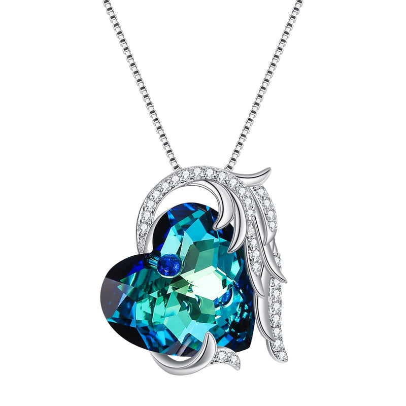 [Australia] - Ever Faith Love Heart Pendant Necklace Embellished with Swarovski Crystal Angel Wing Heart Jewelry Bermuda Blue 