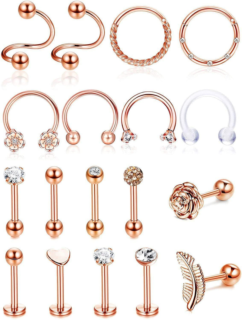 [Australia] - MILACOLATO 18 Pieces 16G Rose Gold Tragus Piercing Earrings Studs for Women Men Stainless Steel CZ Rose Flower Feather Cartilage Earrins Daith Rook Helix Piercing Jewelry 