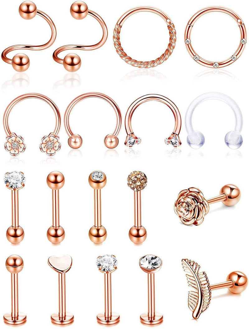 [Australia] - MILACOLATO 18 Pieces 16G Rose Gold Tragus Piercing Earrings Studs for Women Men Stainless Steel CZ Rose Flower Feather Cartilage Earrins Daith Rook Helix Piercing Jewelry 
