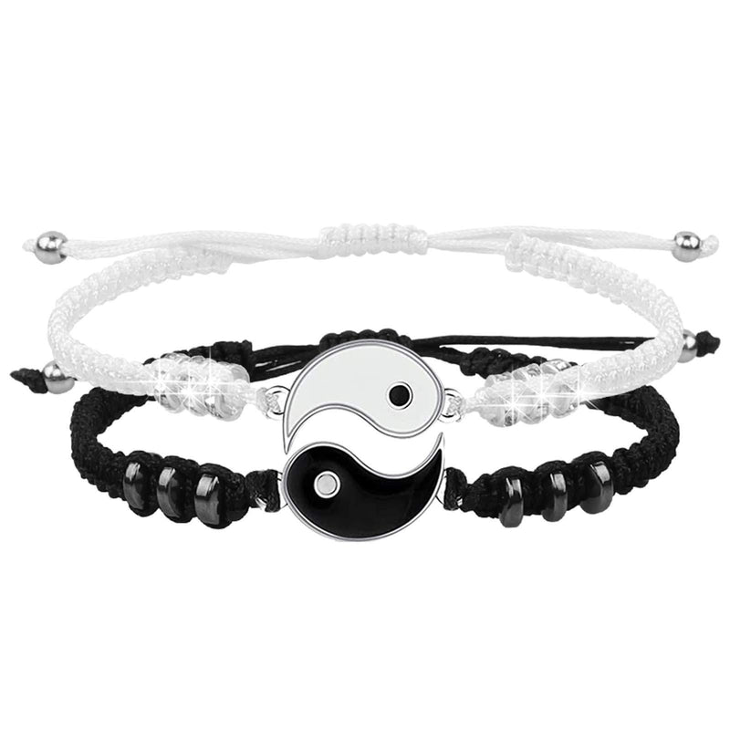 [Australia] - 2 Matching Yin Yang Adjustable Cord Bracelet for Friendship Relationship Boyfriend Girlfriend Best Friend Bracelets handmade Braided Bracelets for Best Friend With Gift Card Silver 